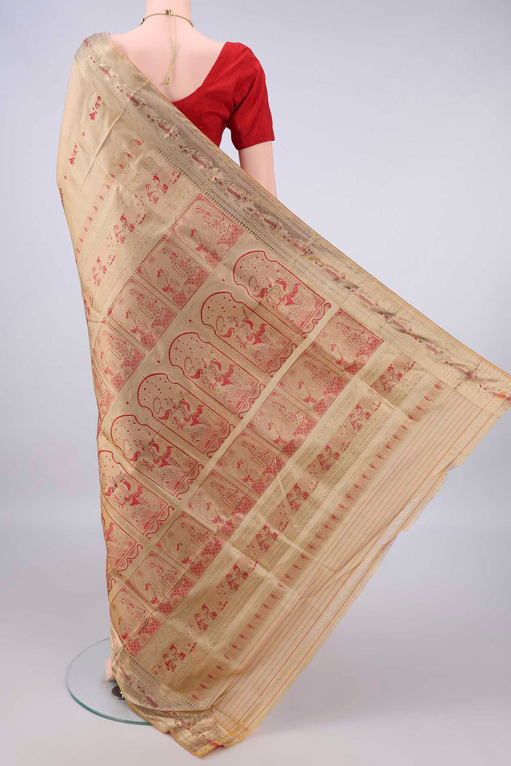 Flat view of Pure Silk Dark Beige Baluchari Saree with Zari And Thread Butta on the body and Zari Border. 