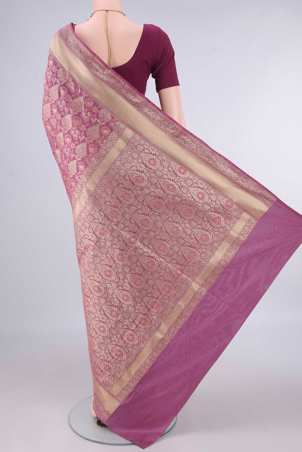Flat view of Pure Silk Pink Banarasi Saree with Jacquard With Thread Butta on the body and Zari And Thread Border. 