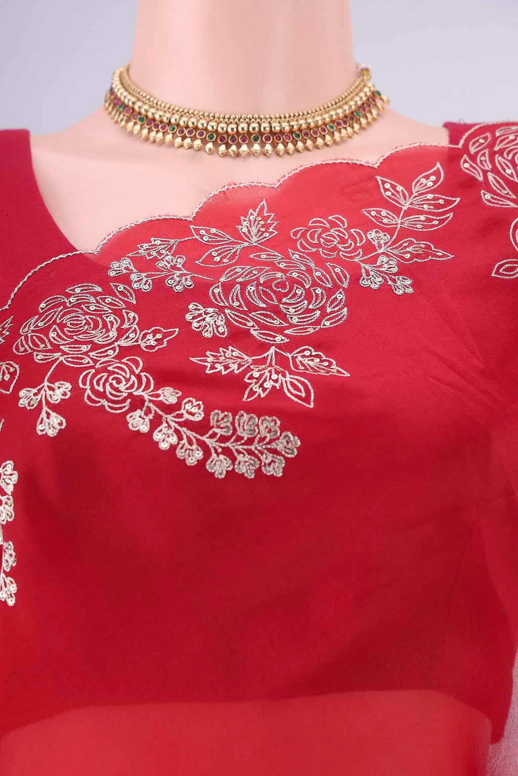 Border image of Deep Red Organza Saree with Plain Body and Embroidery Border. 