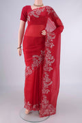 Deep Red Organza Saree with Plain Body and Embroidery Border.  displayed on a mannequin