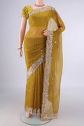 Mehandi Green Organza Saree with Embroidery on the body and Embroidery Border.  displayed on a mannequin
