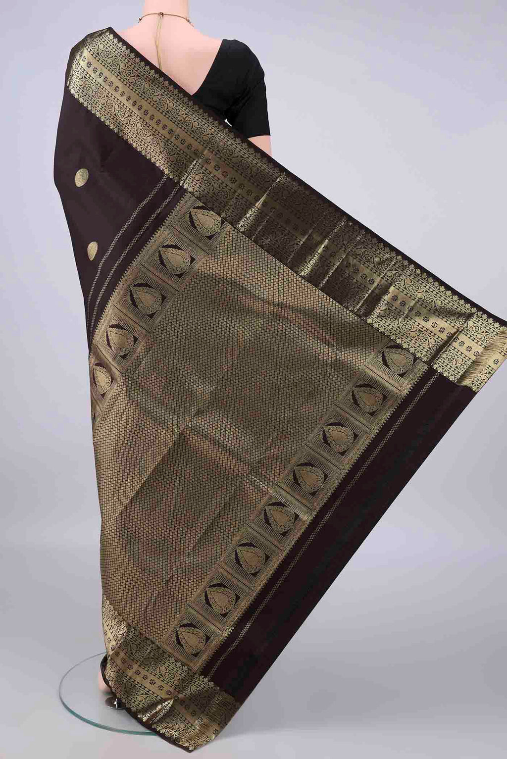 Flat view of Pure Silk Coffee Brown Kanchipuram Saree with Zari Butta on the body and Zari Border. 