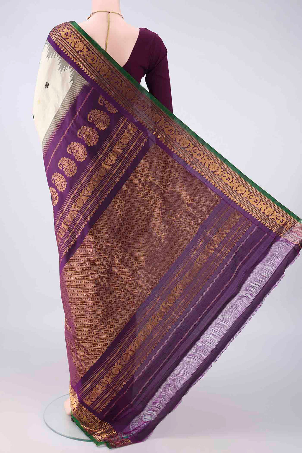Flat view of Pure Silk Off White Gadwal Saree with Thread Butta on the body and Zari Border. 