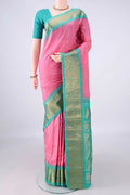 Rose pink Gadwal Cotton Saree with Zari Butta on the body and Zari Border.  displayed on a mannequin