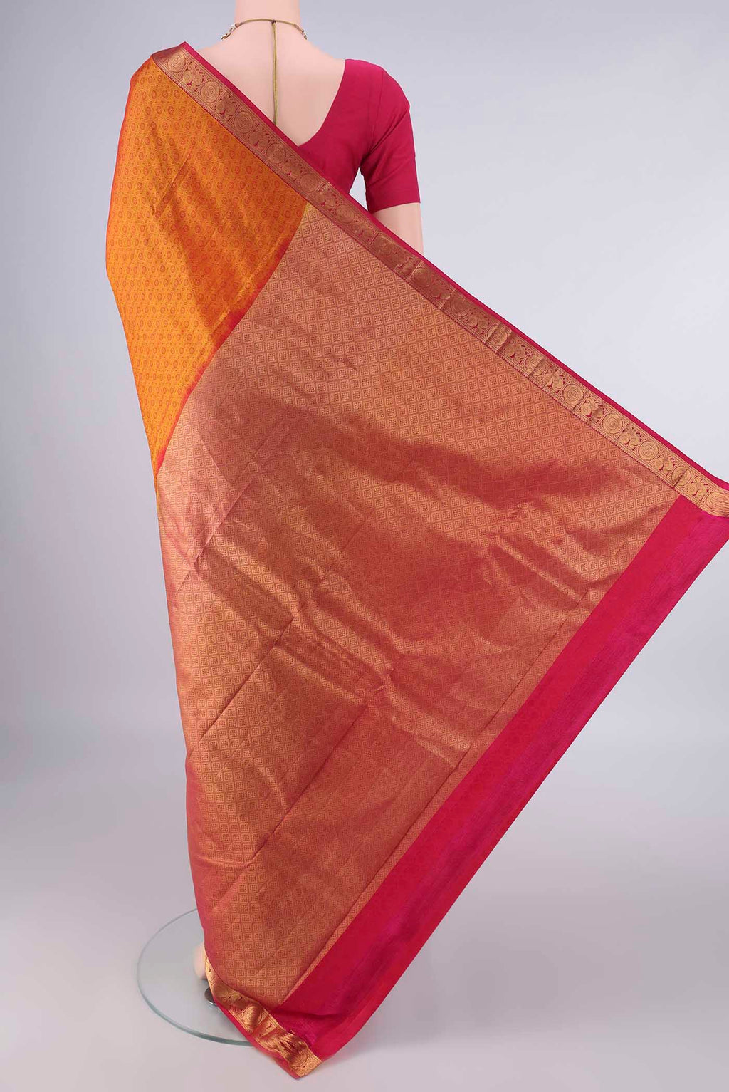 Flat view of Pure Silk Mustard Kanjivaram Saree with Jacquard design on the body and Zari Border. 