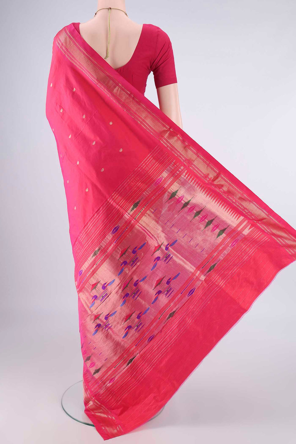 Flat view of Pure Silk Pink Paithani Saree with Zari Butta on the body and Zari Border. 