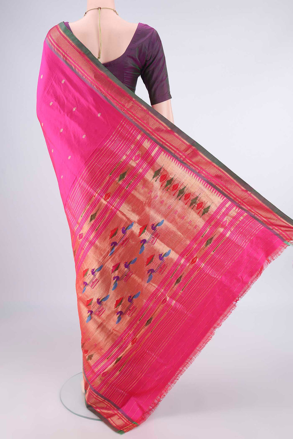 Flat view of Pure Silk Rani Pink Paithani Saree with Zari Butta on the body and Zari Border. 