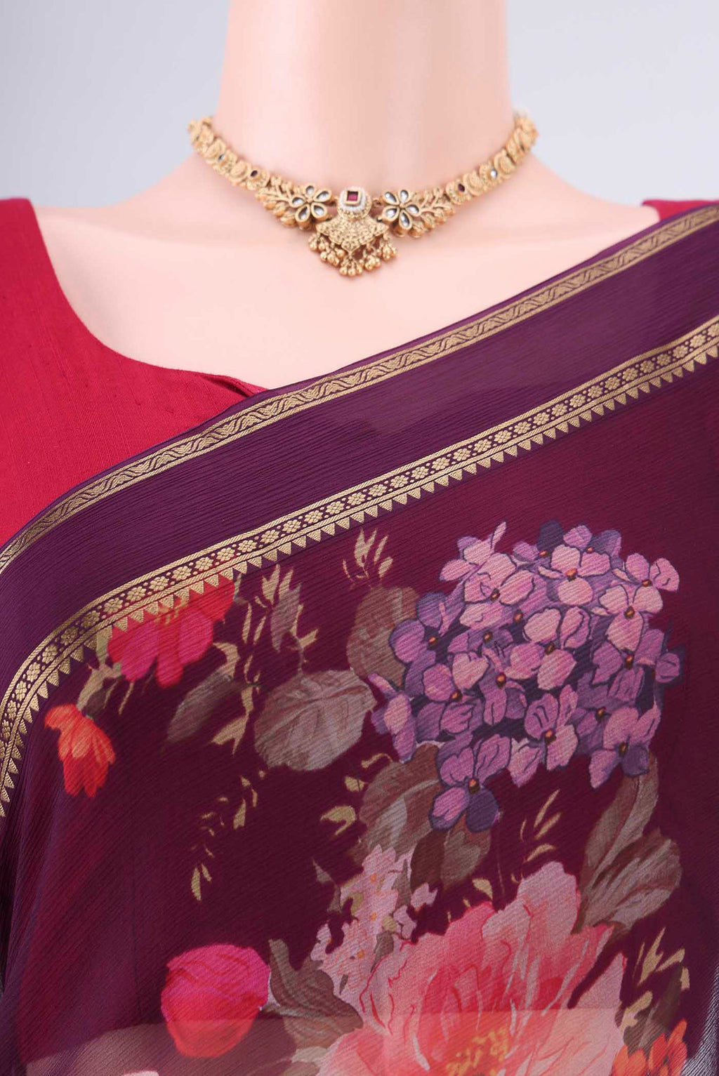 Border image of Burgundy Mysore Chiffon Saree with Printed design on the body and Zari Border. 