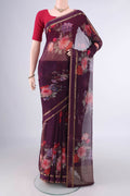 Burgundy Mysore Chiffon Saree with Printed design on the body and Zari Border.  displayed on a mannequin