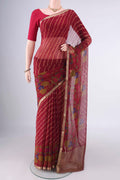 Red Mysore Chiffon Saree with Lehariya on the body and Zari Border.  displayed on a mannequin