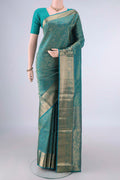 Pure Silk short color Dual Tone Soft Saree with Zari Brocade on the body and Zari Border.  displayed on a mannequin
