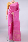 Pure Silk Pink Kanjivaram Saree with Plain Body and Zari Border.  displayed on a mannequin