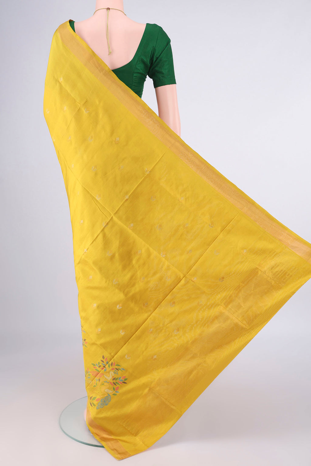 Flat view of Pure Silk Lemon Yellow Uppada Saree with Jamdani on the body and Zari Border. 