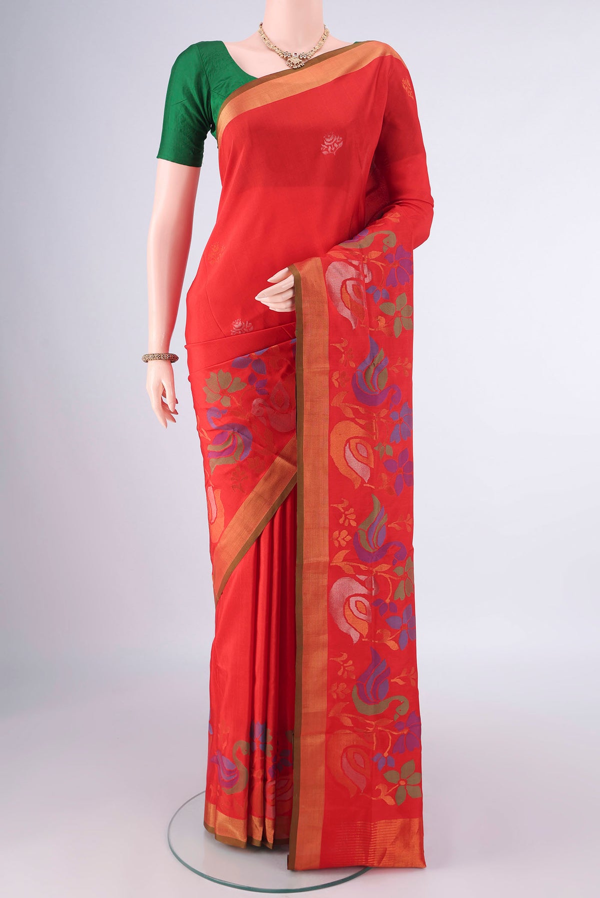 Pure Silk Red Uppada Saree with Jamdani on the body and Zari Border.  displayed on a mannequin