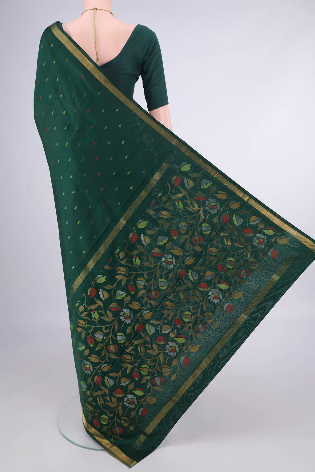 Flat view of Pure Silk Bottle Green Uppada Saree with Zari Butta on the body and Zari Border. 