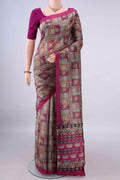 Pure Silk Grey Printed Saree with Printed design on the body and Printed Border.  displayed on a mannequin