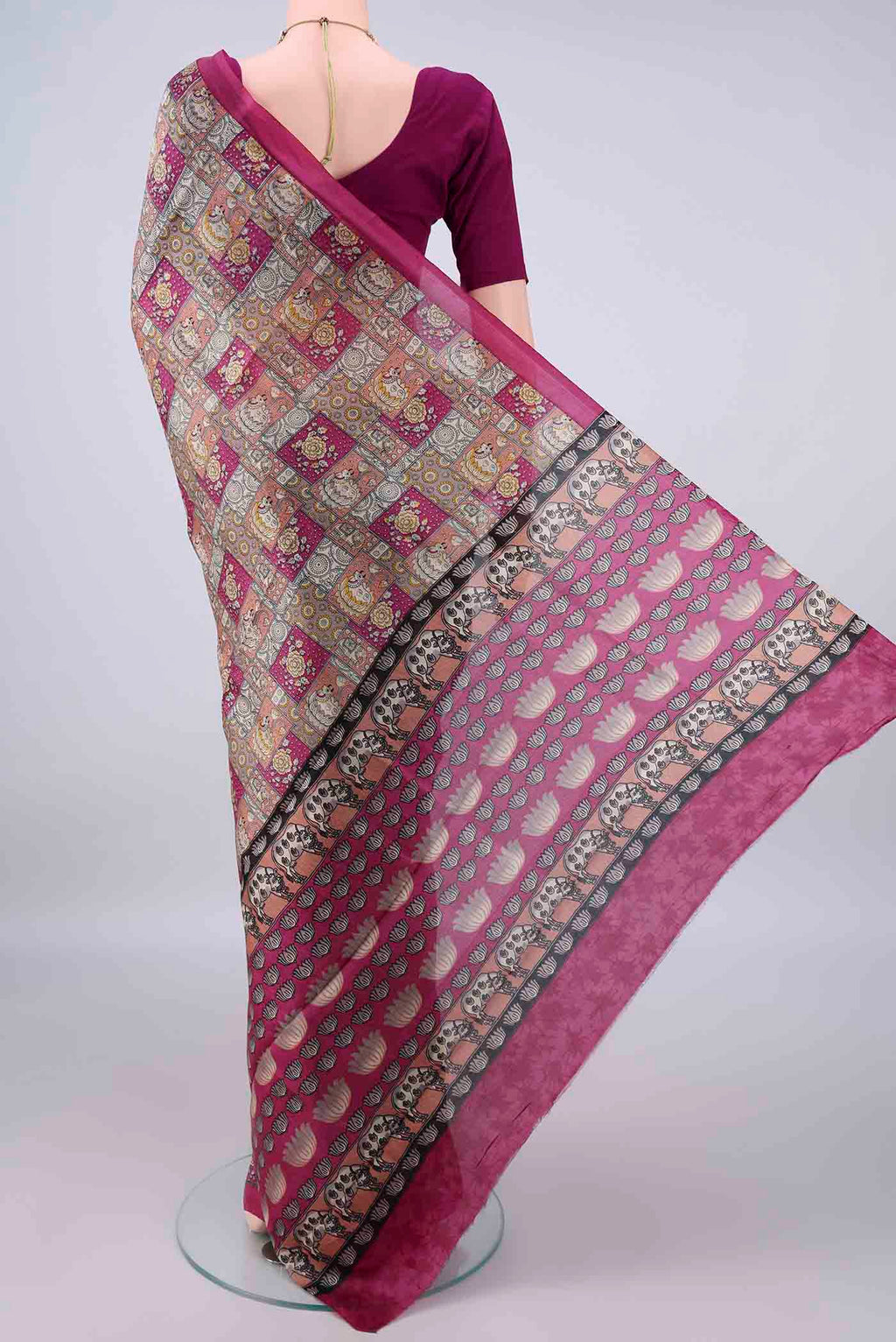 Flat view of Pure Silk Grey Printed Saree with Printed design on the body and Printed Border. 