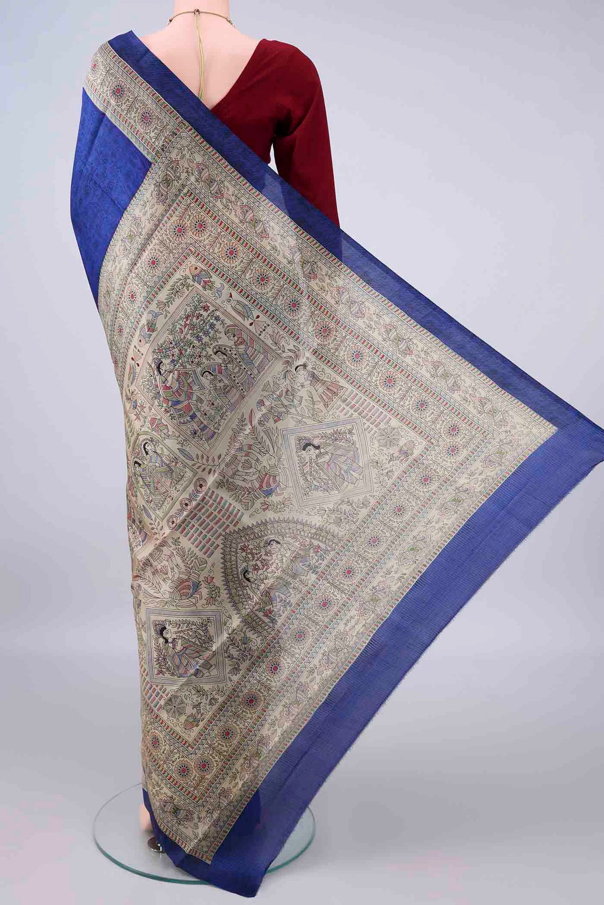 Flat view of Pure Silk Royal Blue Printed Saree with Printed design on the body and Printed Border. 