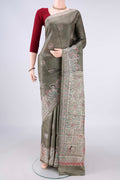 Sage Green Tussar Saree with Printed design on the body and Without Border.  displayed on a mannequin