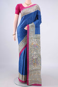Blue Tussar Saree with Plain Body and Printed Border.  displayed on a mannequin