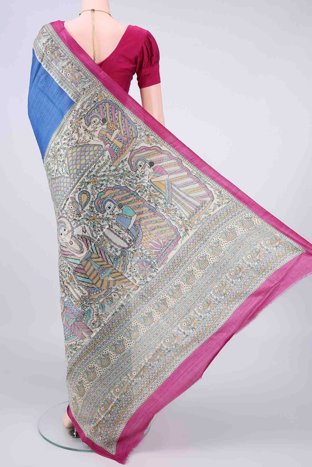 Flat view of Blue Tussar Saree with Plain Body and Printed Border. 