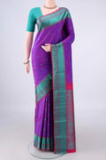 Pure Silk Purple Kanchipuram Saree with Thread Butta on the body and Thread Border.  displayed on a mannequin