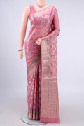 Pink Banarasi Tussar Saree with Zari And Thread Butta on the body and Zari Border.  displayed on a mannequin