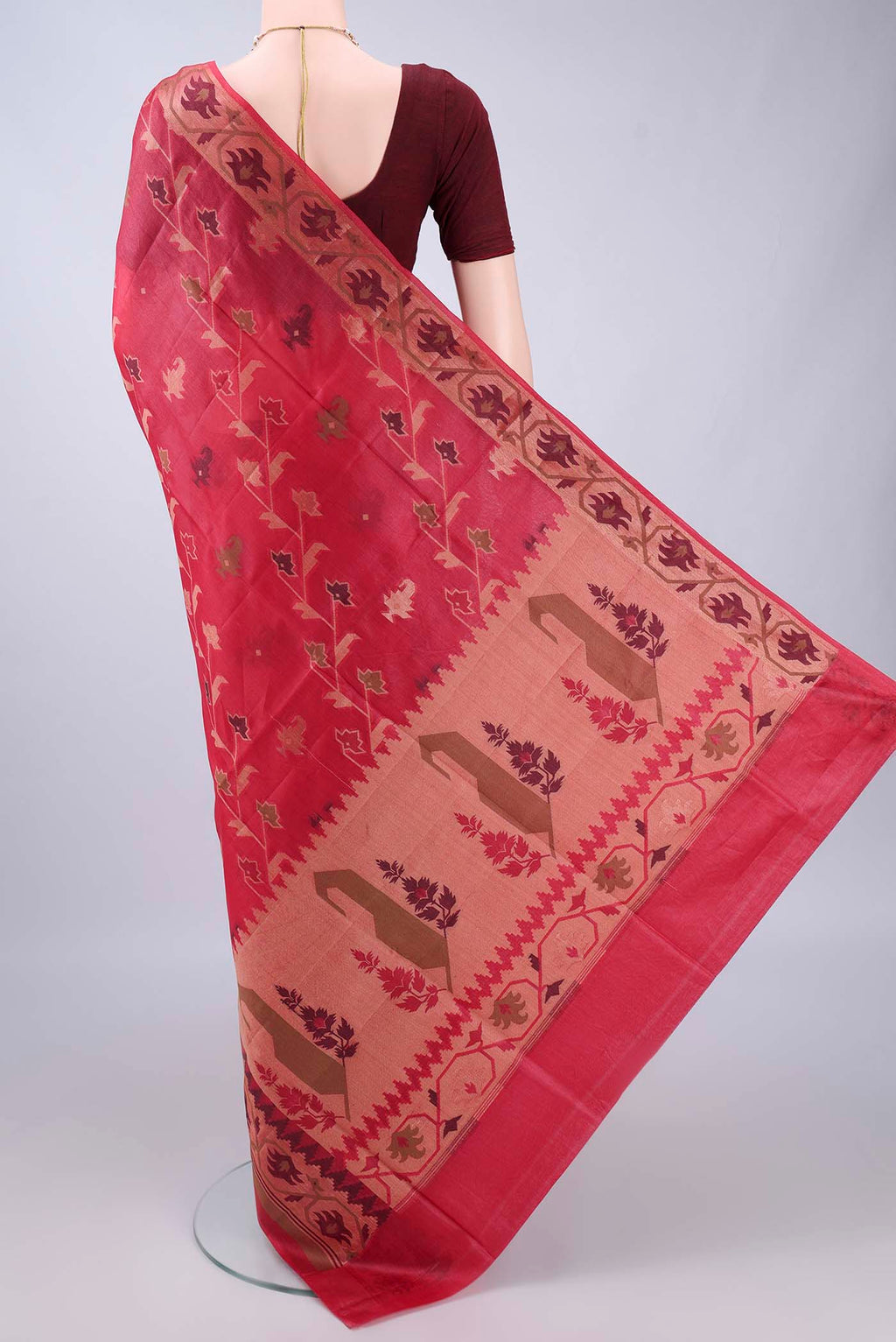 Flat view of Imperial Red Banarasi Tussar Saree with Zari And Thread Butta on the body and Thread Border. 