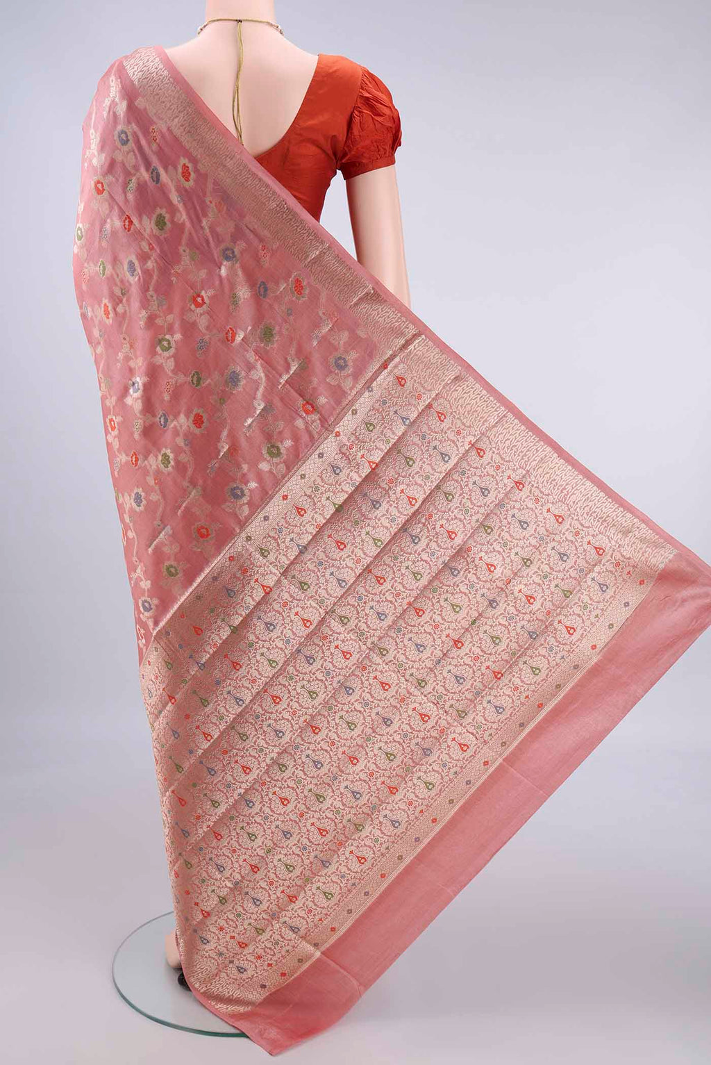 Flat view of Peach Banarasi Tussar Saree with Zari And Thread Butta on the body and Zari Border. 