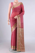 Peach Banarasi Tussar Saree with Plain Body and Zari Border.  displayed on a mannequin
