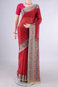 Red Banarasi Tussar Saree with Plain Body and Zari Border.  displayed on a mannequin