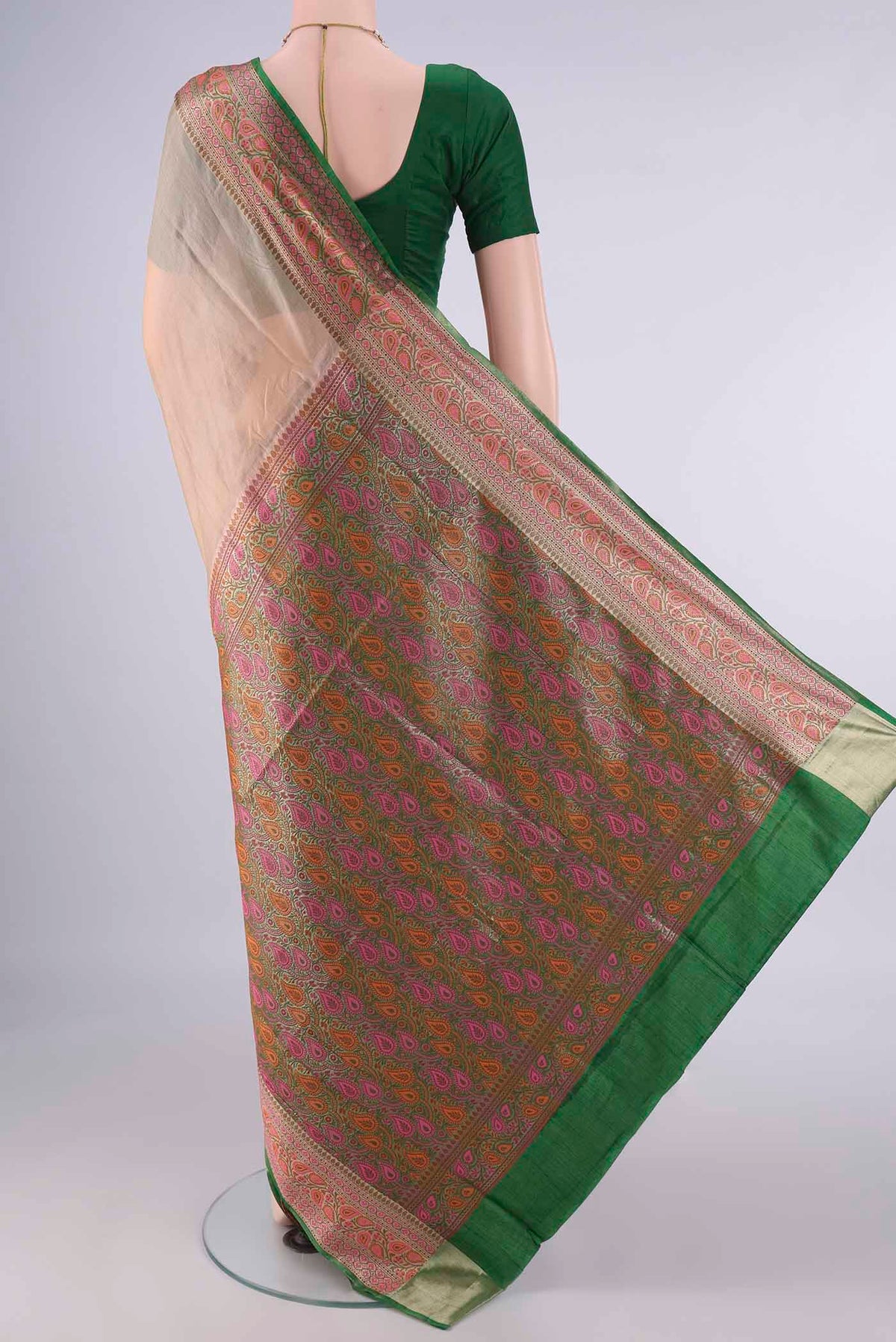 Flat view of Dark Beige Banarasi Tussar Saree with Plain Body and Zari Border. 