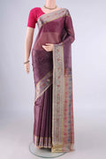 Mauve Banarasi Tussar Saree with Plain Body and Zari Border.  displayed on a mannequin