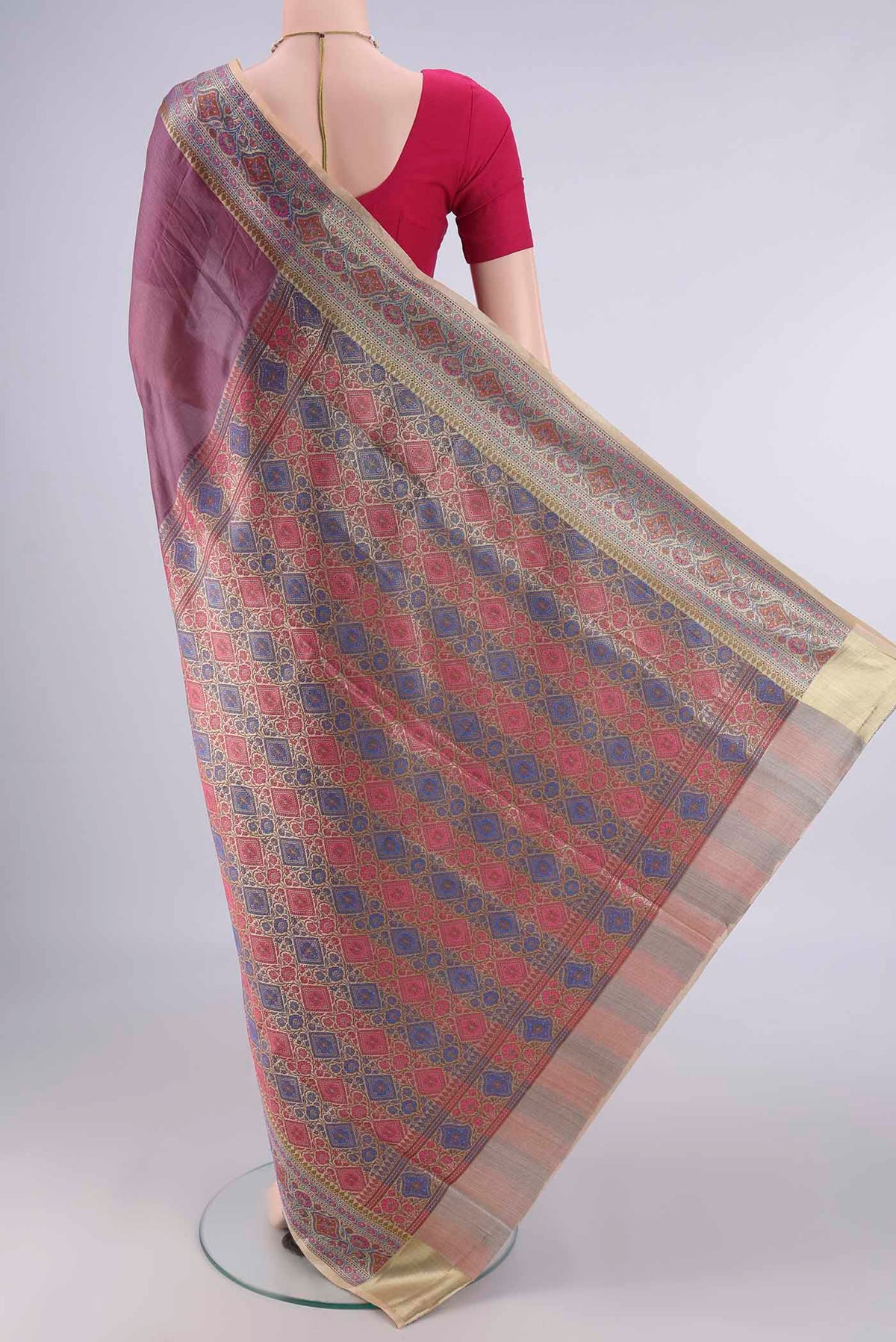 Flat view of Mauve Banarasi Tussar Saree with Plain Body and Zari Border. 