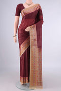 Brown Banarasi Tussar Saree with Plain Body and Zari Border.  displayed on a mannequin