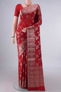 Pure Silk Red Banarasi Raw Saree with Zari And Thread Butta on the body and Zari Border.  displayed on a mannequin