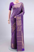 Pure Silk Purple Kanjivaram Saree with Zari Brocade on the body and Zari Border.  displayed on a mannequin