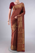 Pure Silk Maroon Kanjivaram Saree with Zari Brocade on the body and Zari Border.  displayed on a mannequin