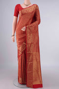 Pure Silk Red Kanjivaram Saree with Zari Brocade on the body and Zari Border.  displayed on a mannequin