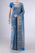 Pure Silk Blue Kanjivaram Saree with Zari Brocade on the body and Zari Border.  displayed on a mannequin