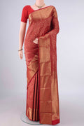 Pure Silk Red Kanjivaram Saree with Zari Brocade on the body and Zari Border.  displayed on a mannequin
