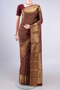 Pure Silk Brown Kanjivaram Saree with Zari Brocade on the body and Zari Border.  displayed on a mannequin