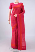 Pure Silk Rani Pink Pochampally Saree with Pure Ikat on the body and Plain Border.  displayed on a mannequin