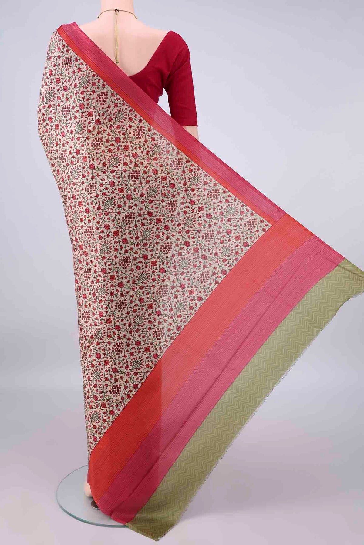 Flat view of Pure Silk Beige Printed Saree with Printed design on the body and Plain Border. 