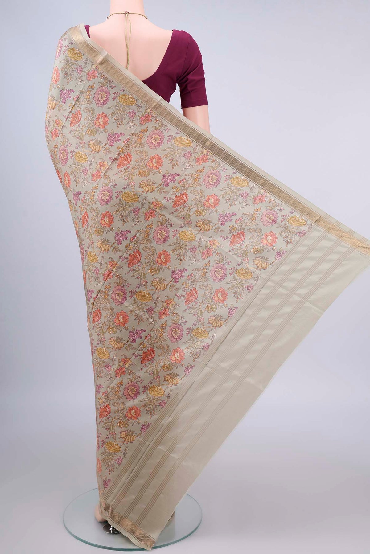 Flat view of Pure Silk Beige Printed Saree with Printed design on the body and Zari Border. 