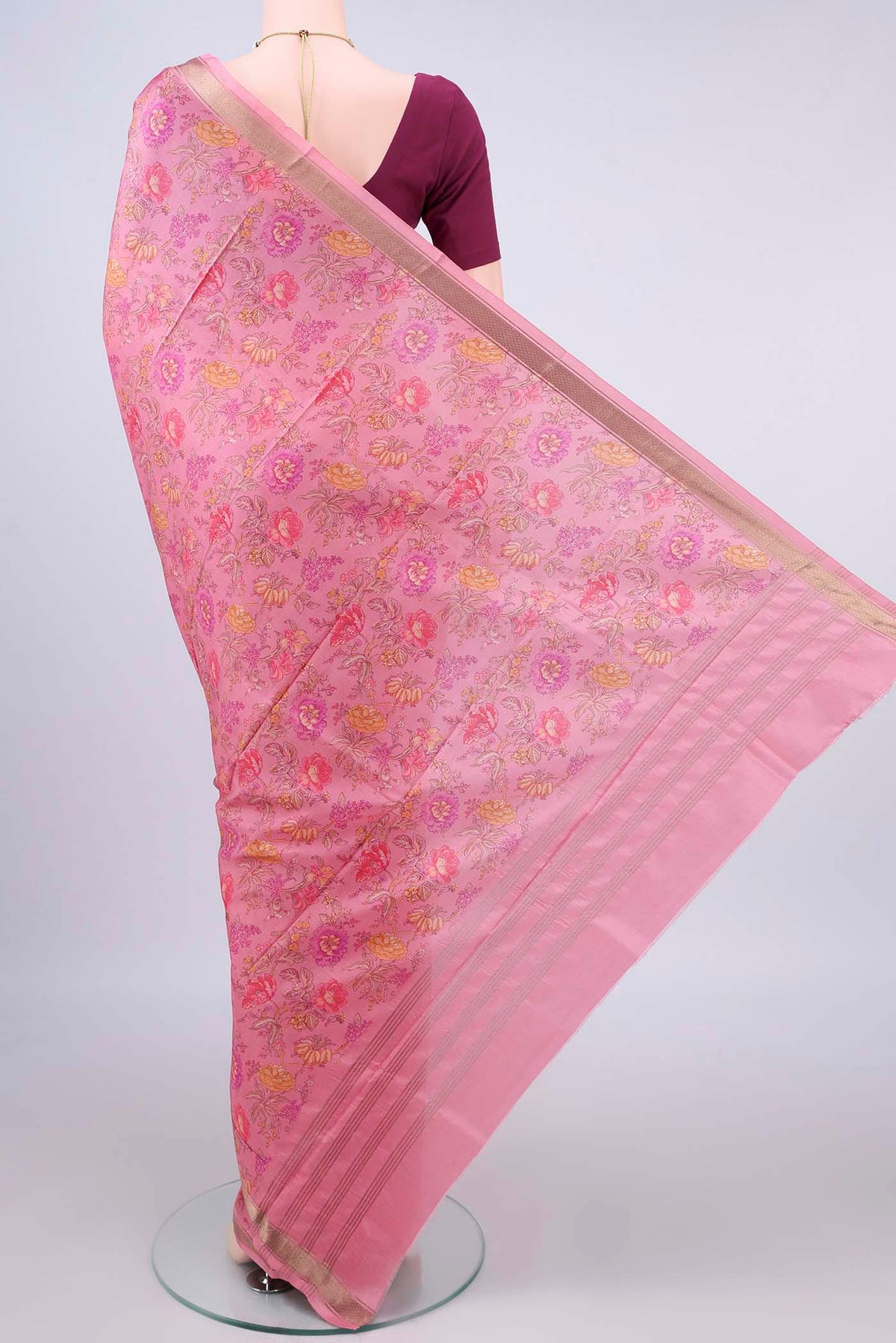Flat view of Pure Silk Rose pink Printed Saree with Printed design on the body and Zari Border. 
