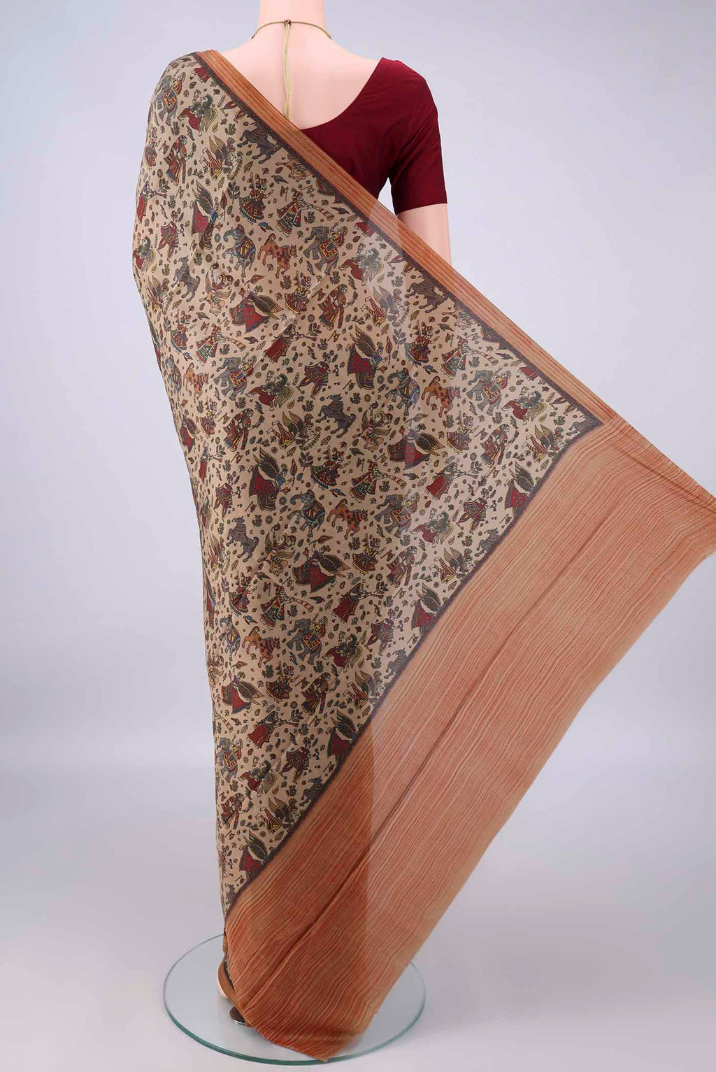 Flat view of Pure Silk Dark Beige Printed Saree with Printed design on the body and Plain Border. 