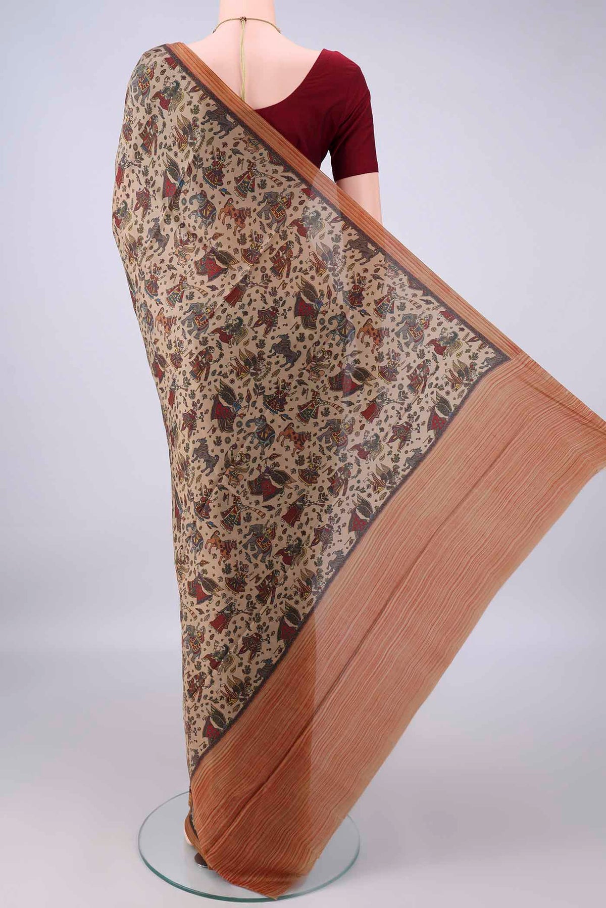 Flat view of Pure Silk Dark Beige Printed Saree with Printed design on the body and Plain Border. 