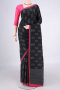Pure Silk Black Dual Tone Printed Saree with Printed design on the body and Plain Border.  displayed on a mannequin