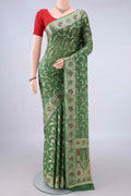 Green Blended Banarasi Georgette Saree with Thread Brocade on the body and Zari And Thread Border.  displayed on a mannequin